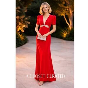 Mac Duggal V Neck Embellished Cut Out Gown Maxi Dress 8 Red NWT Style 2530